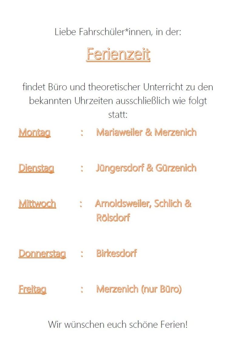 Ferien Ferienöffnungszeiten