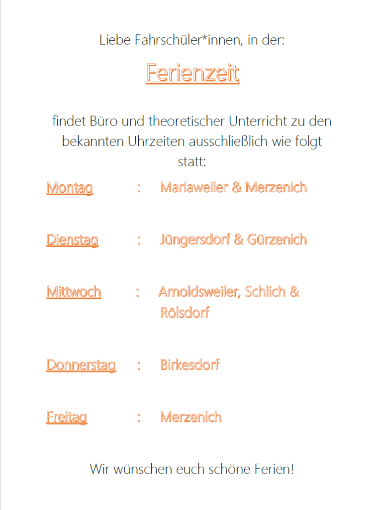 Ferien Ferienöffnungszeiten